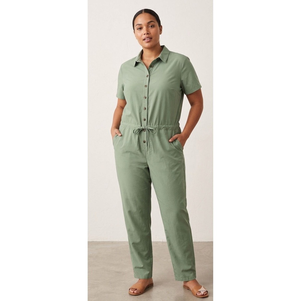 Serra Womens Sage Green Short Sleeve Button Front Utility Jumpsuit Size L